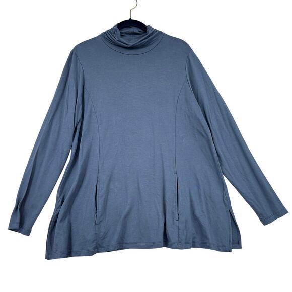 Susan Graver Turtleneck Tunic Size L Petite Blue Jersey Knit Pockets Stretch - Picture 1 of 10